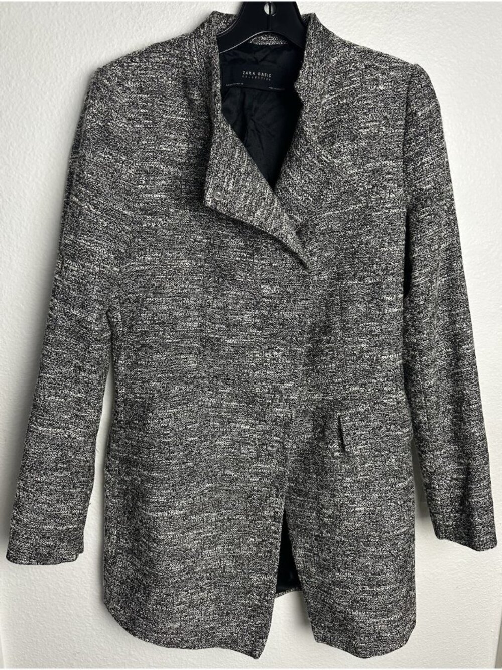 Zara Basic Gray Tweed Jacket Asymmetric Collar Coat Women's Size M - Picture 2 of 11